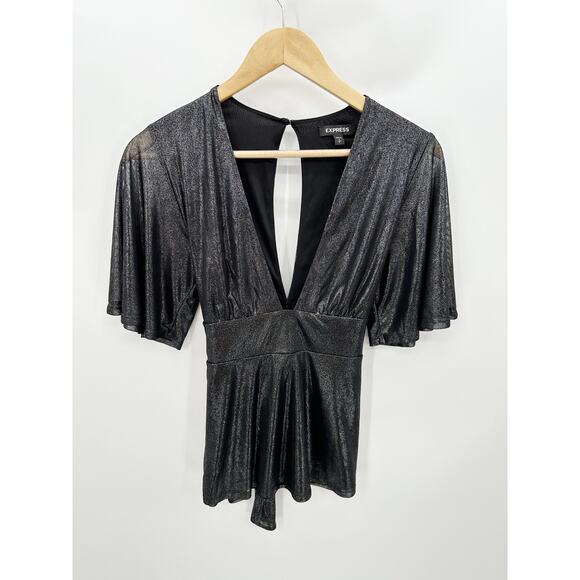 Express Blouse Women S Black Metallic Deep V-Neck Keyhole Button Back Tie Waist - Picture 9 of 9